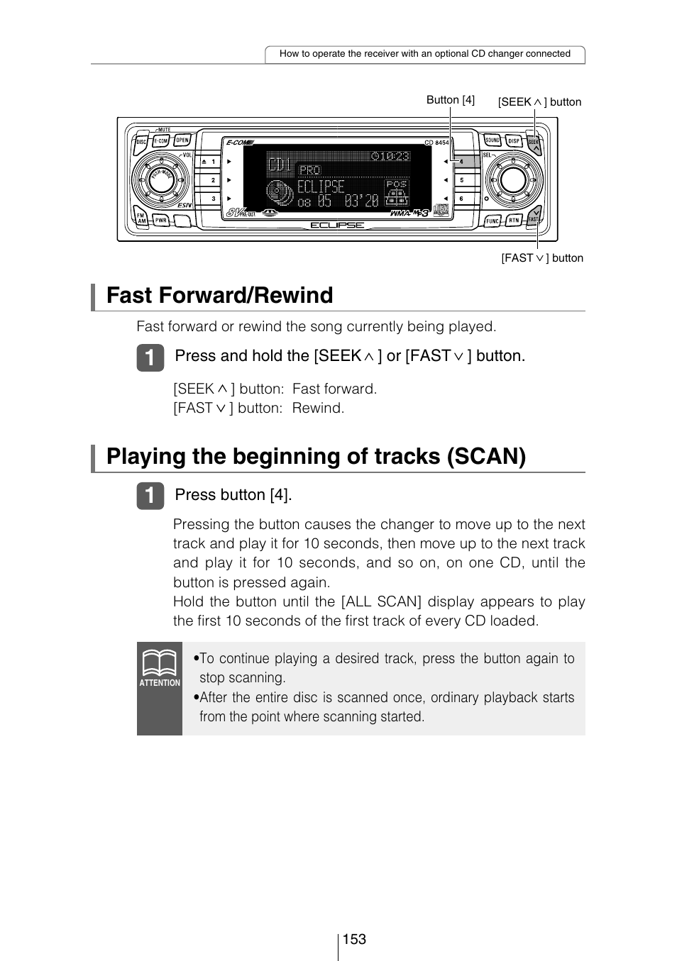 Playing the beginning of tracks (scan), Fast forward/rewind | Eclipse - Fujitsu Ten CD8454 User Manual | Page 153 / 180