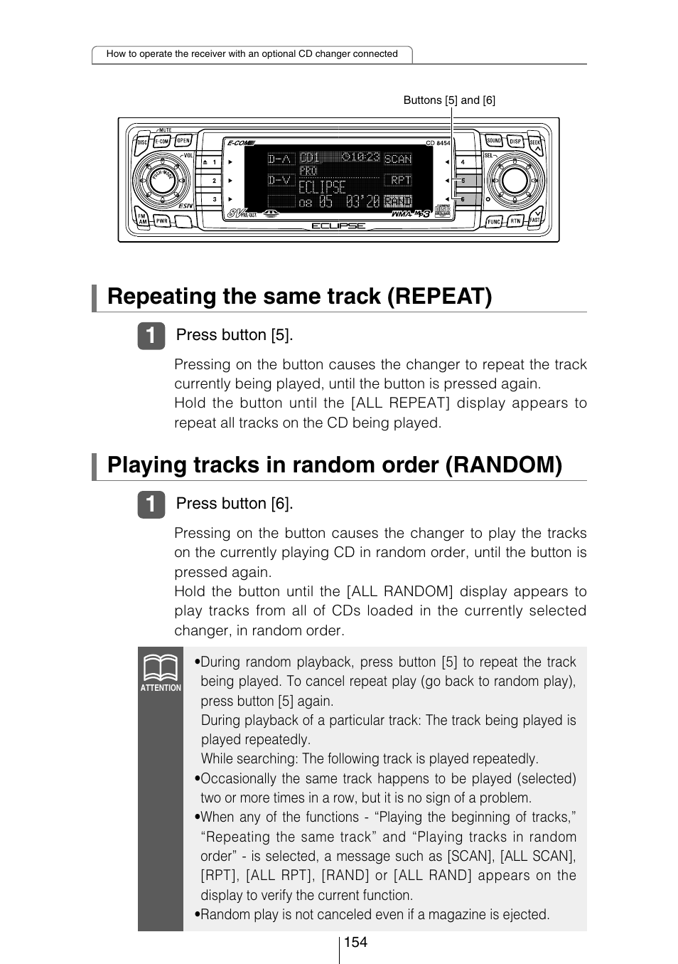 Playing tracks in random order (random), Repeating the same track (repeat) | Eclipse - Fujitsu Ten CD8454 User Manual | Page 154 / 180