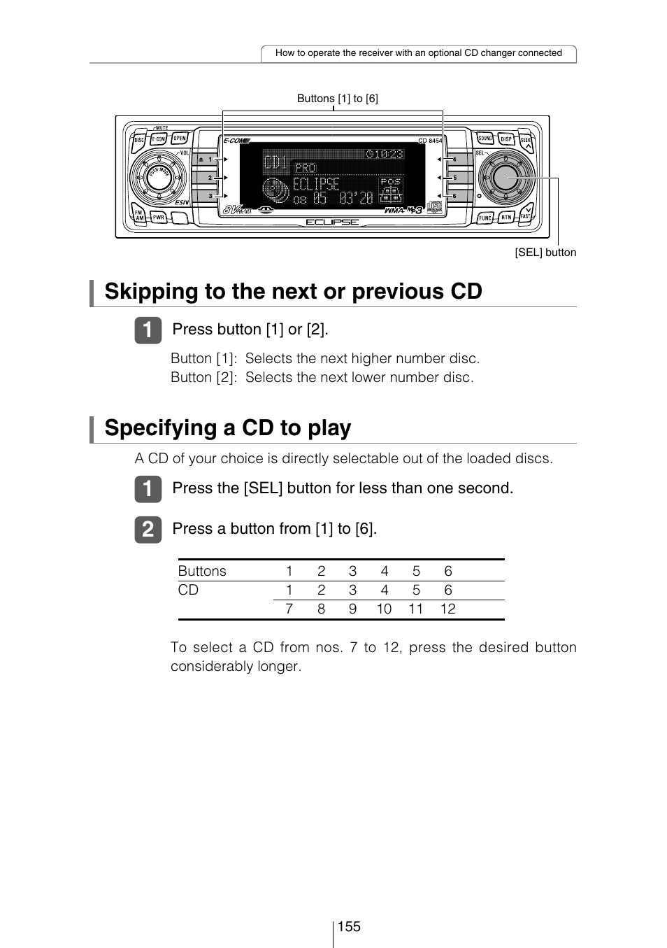 2specifying a cd to play, Skipping to the next or previous cd | Eclipse - Fujitsu Ten CD8454 User Manual | Page 155 / 180