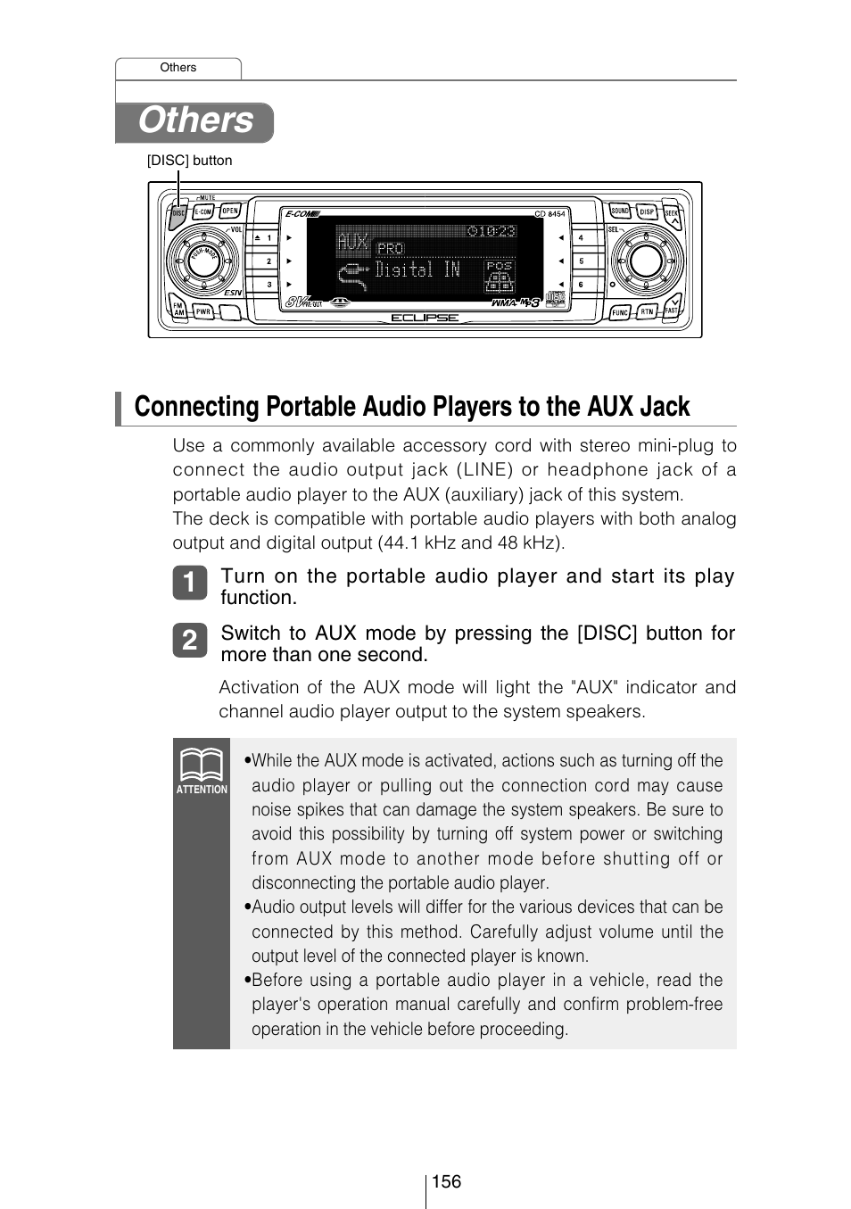 Others, Connecting portable audio players to the aux jack | Eclipse - Fujitsu Ten CD8454 User Manual | Page 156 / 180