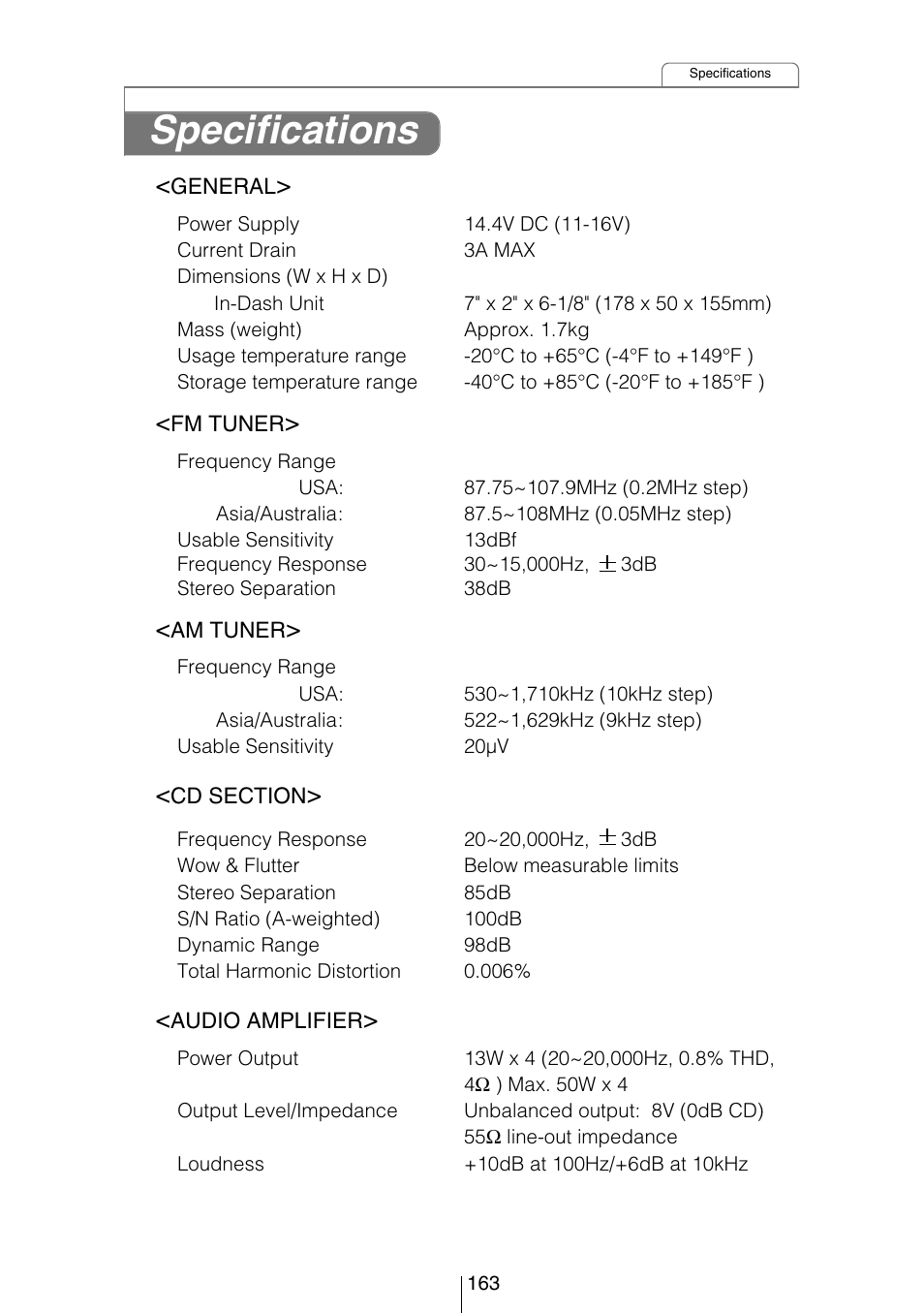Specifications | Eclipse - Fujitsu Ten CD8454 User Manual | Page 163 / 180