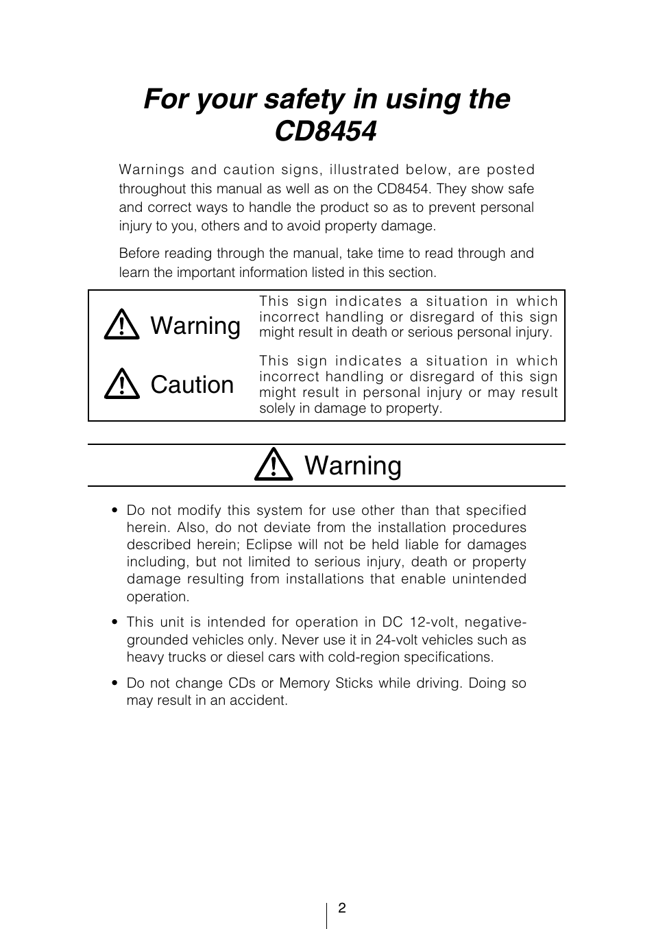 For your safety in using the cd8454, Warning, Caution warning | Eclipse - Fujitsu Ten CD8454 User Manual | Page 2 / 180