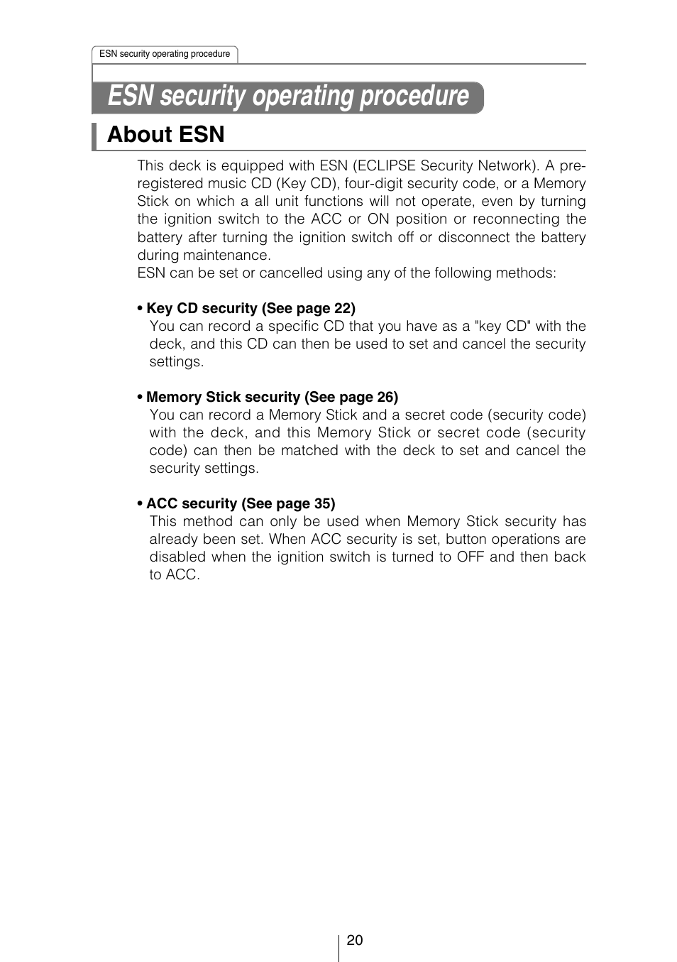 Esn security operating procedure, About esn | Eclipse - Fujitsu Ten CD8454 User Manual | Page 20 / 180