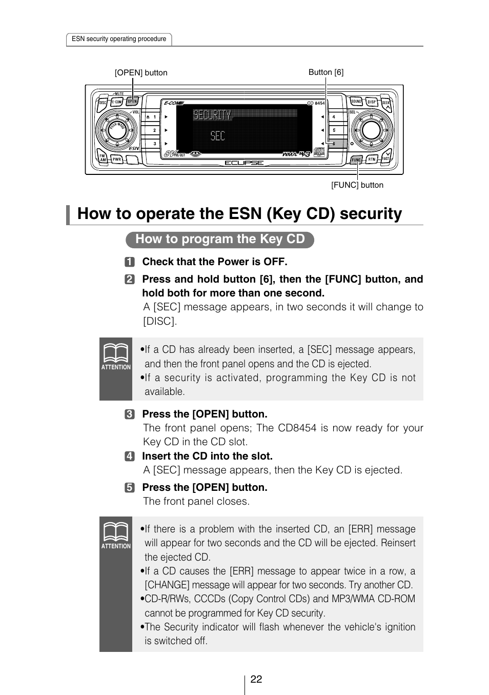 How to operate the esn (key cd) security, How to program the key cd | Eclipse - Fujitsu Ten CD8454 User Manual | Page 22 / 180