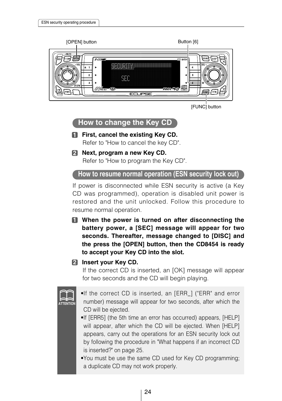 How to change the key cd | Eclipse - Fujitsu Ten CD8454 User Manual | Page 24 / 180