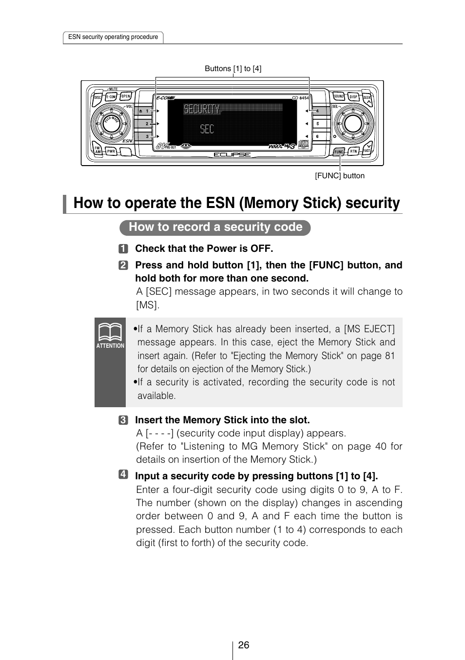 How to record a security code | Eclipse - Fujitsu Ten CD8454 User Manual | Page 26 / 180