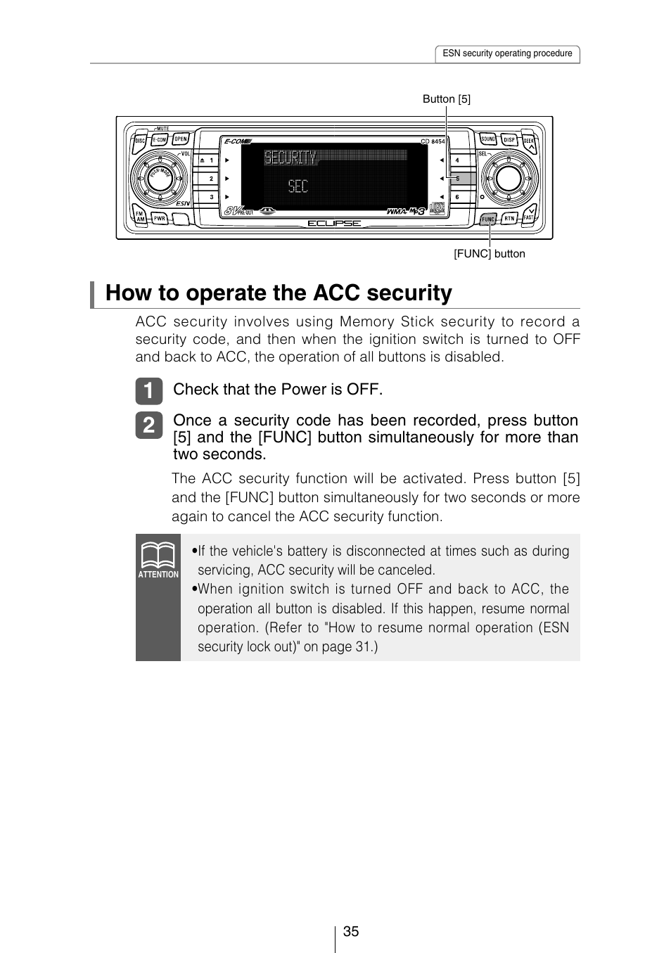 How to operate the acc security | Eclipse - Fujitsu Ten CD8454 User Manual | Page 35 / 180