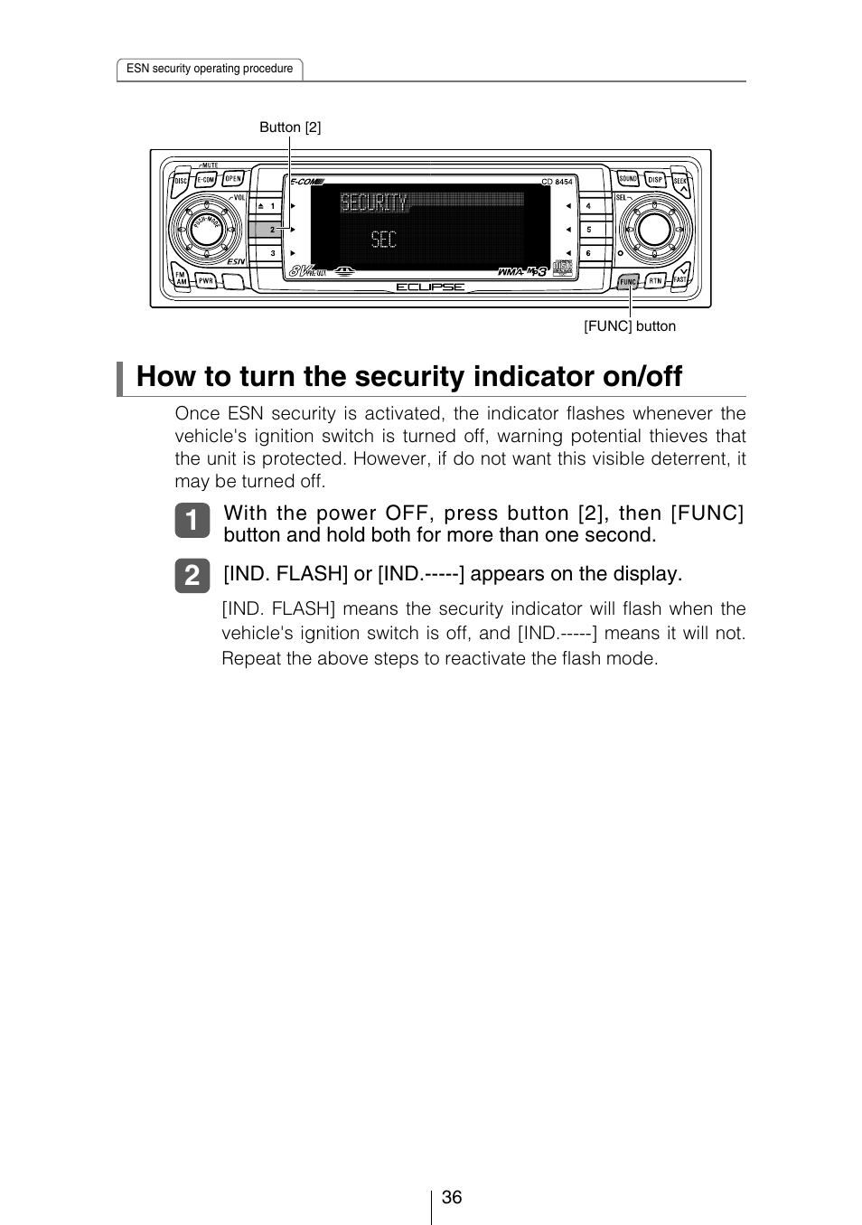 How to turn the security indicator on/off | Eclipse - Fujitsu Ten CD8454 User Manual | Page 36 / 180