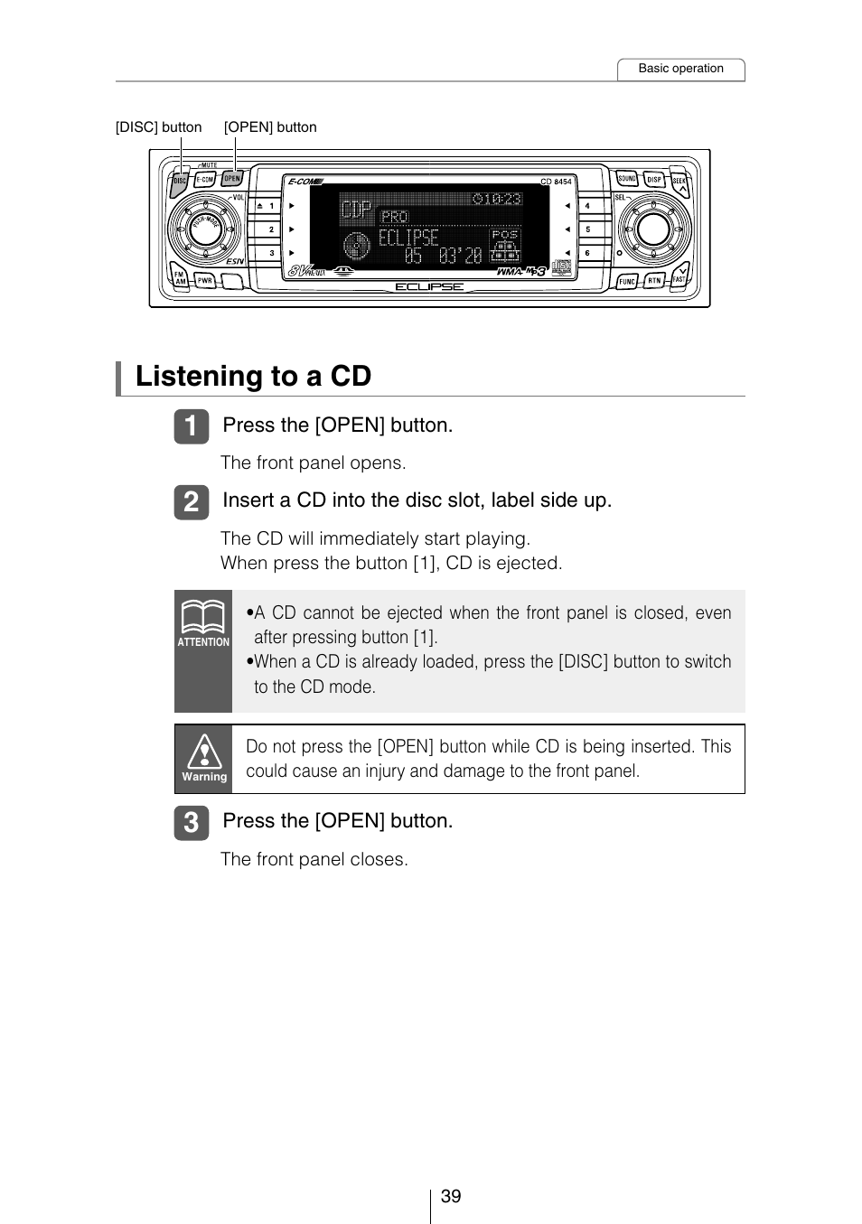 Listening to a cd | Eclipse - Fujitsu Ten CD8454 User Manual | Page 39 / 180