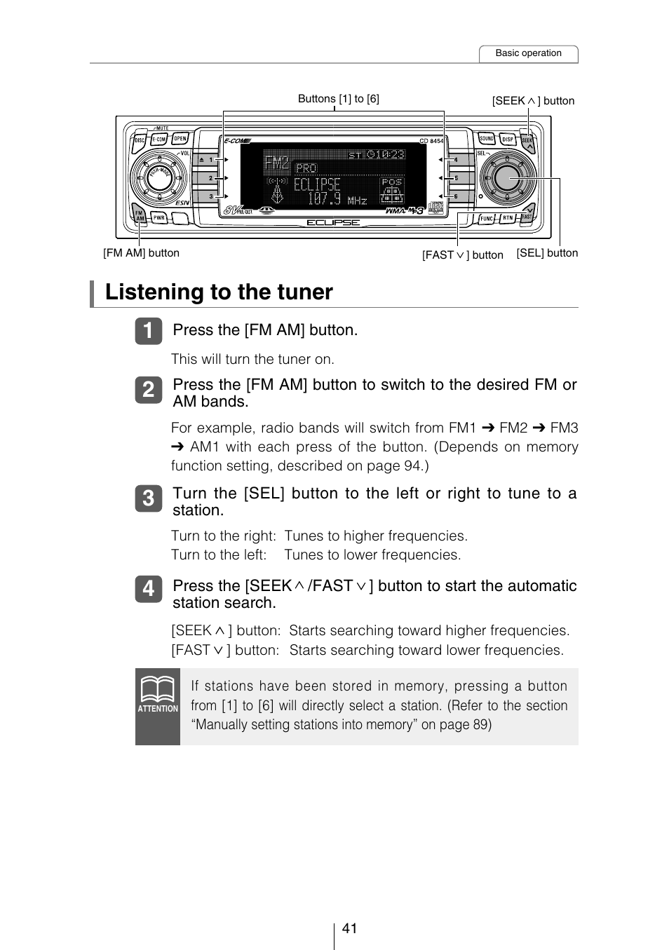 Listening to the tuner | Eclipse - Fujitsu Ten CD8454 User Manual | Page 41 / 180