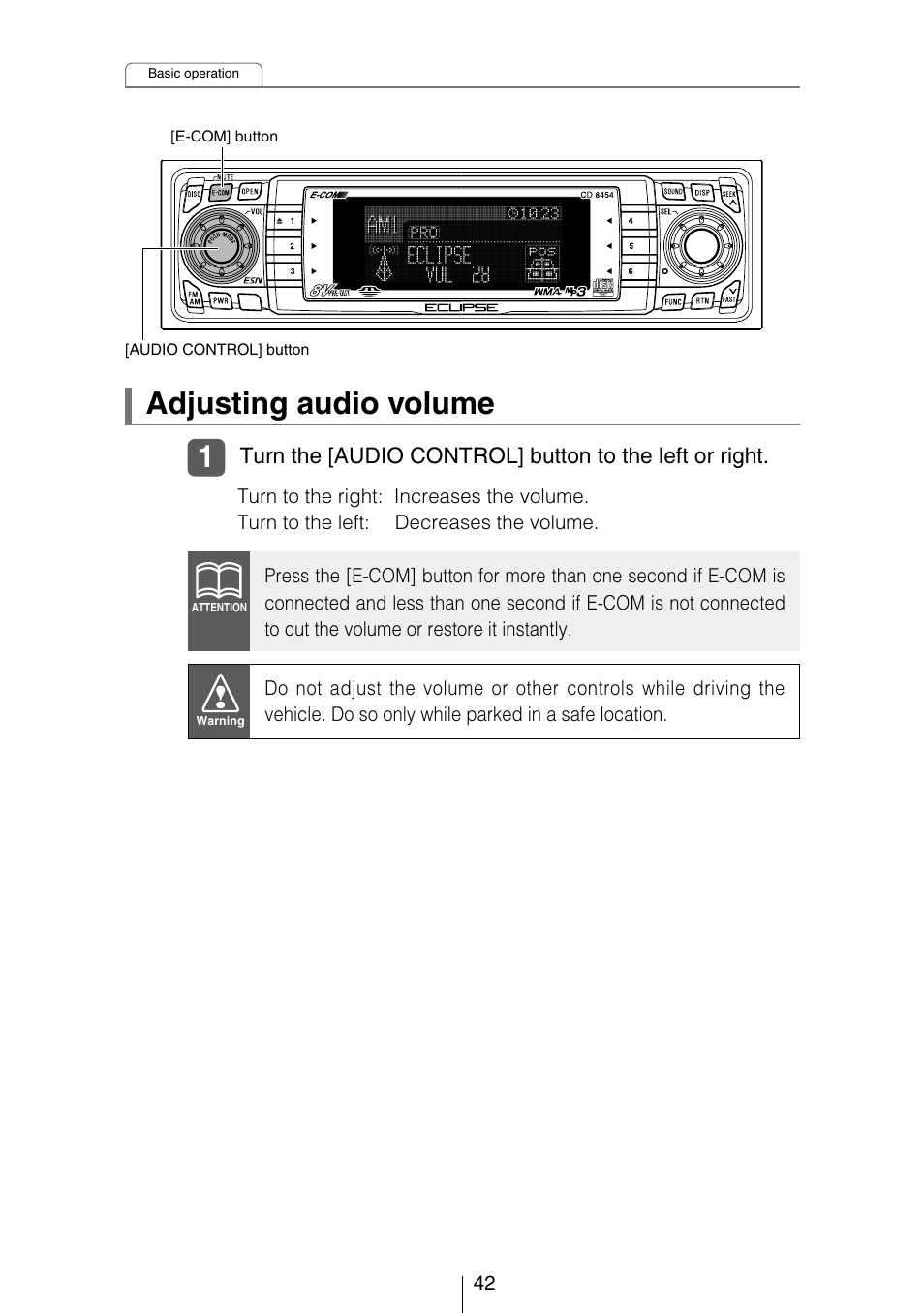Adjusting audio volume | Eclipse - Fujitsu Ten CD8454 User Manual | Page 42 / 180