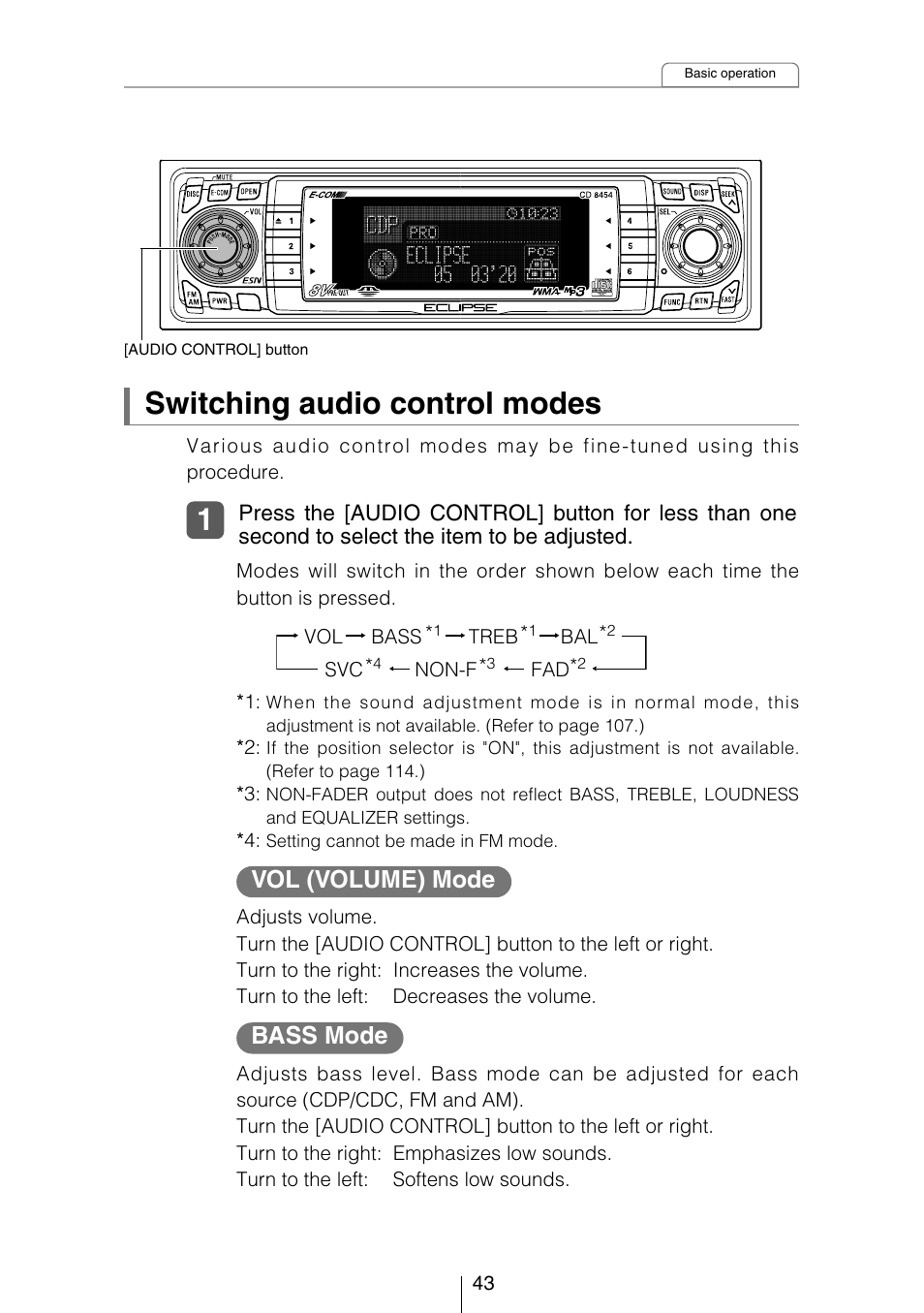 Switching audio control modes, Vol (volume) mode, Bass mode | Eclipse - Fujitsu Ten CD8454 User Manual | Page 43 / 180