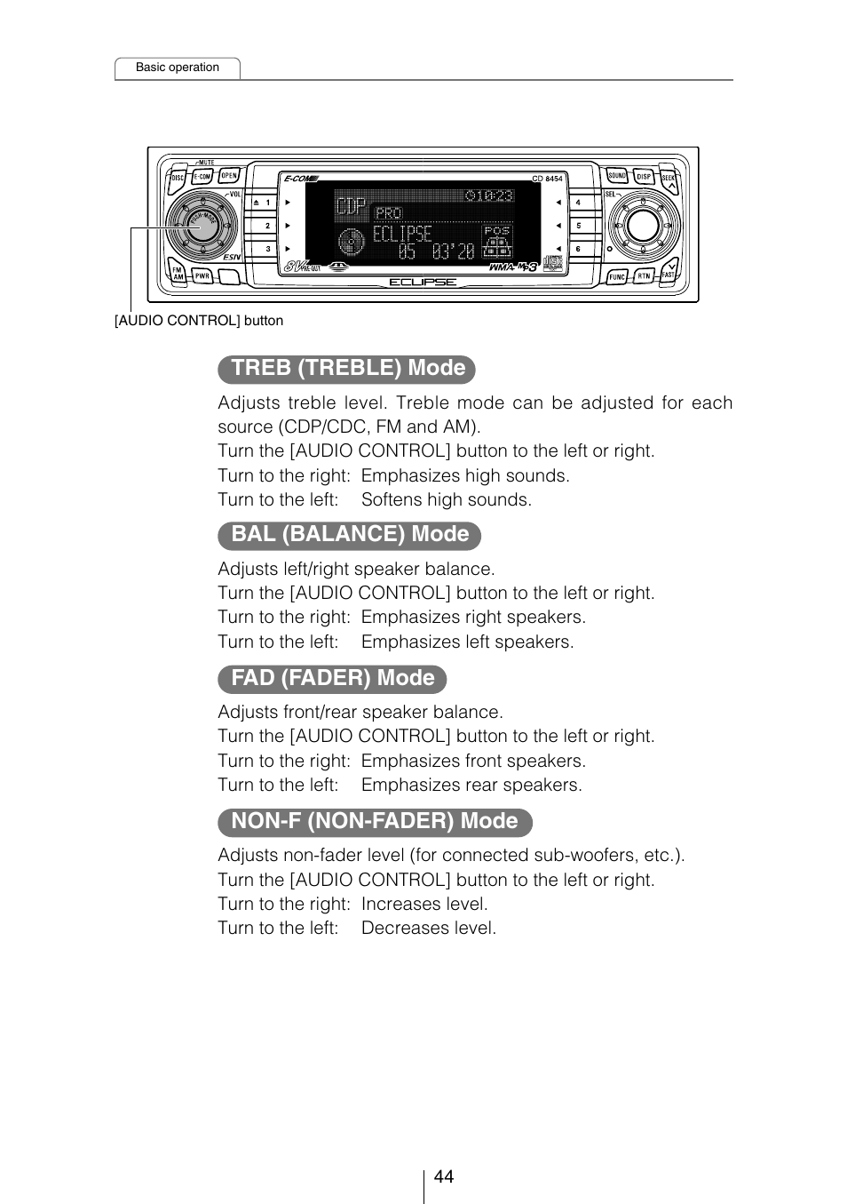 Treb (treble) mode, Bal (balance) mode, Fad (fader) mode | Non-f (non-fader) mode | Eclipse - Fujitsu Ten CD8454 User Manual | Page 44 / 180