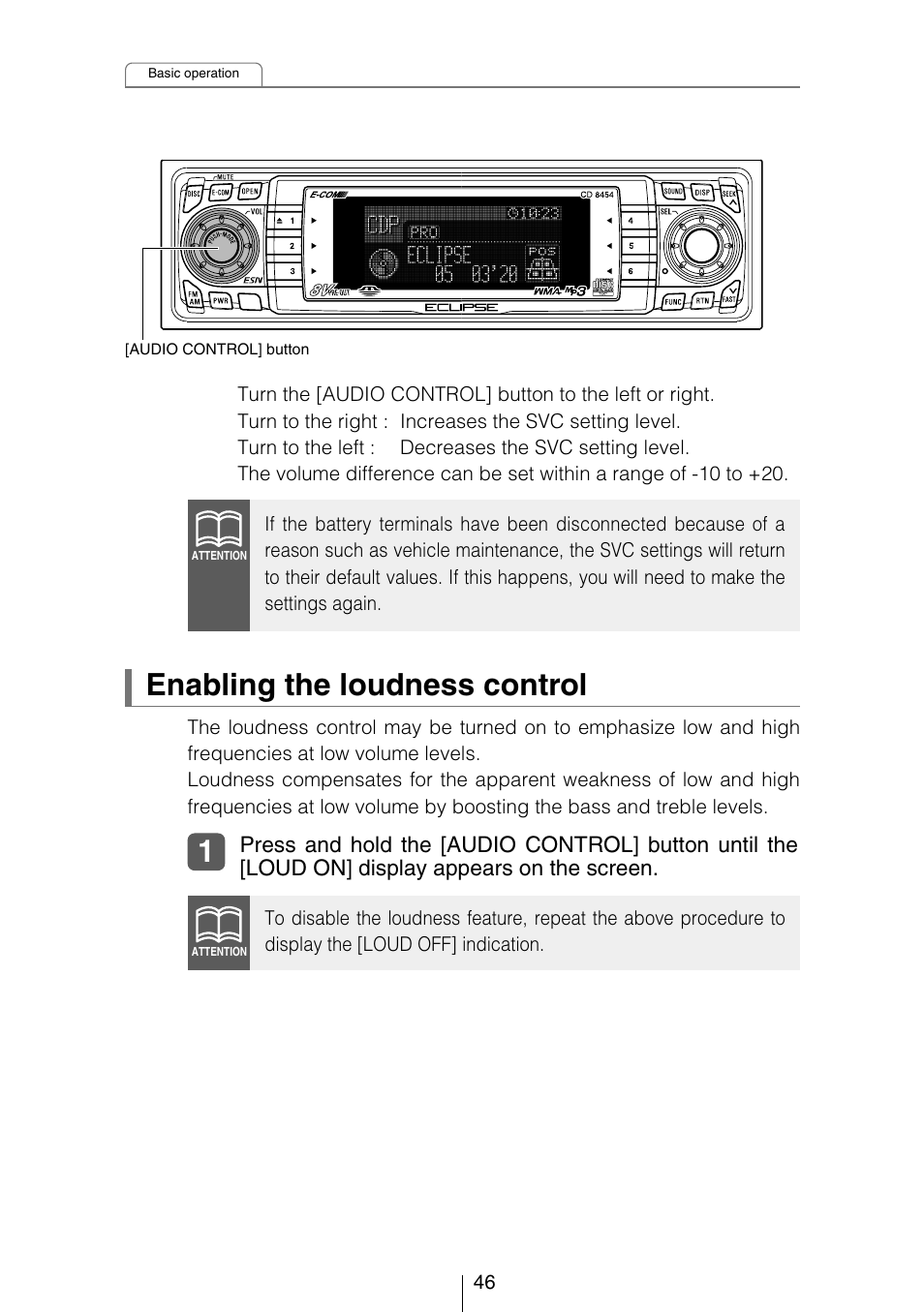 Enabling the loudness control | Eclipse - Fujitsu Ten CD8454 User Manual | Page 46 / 180