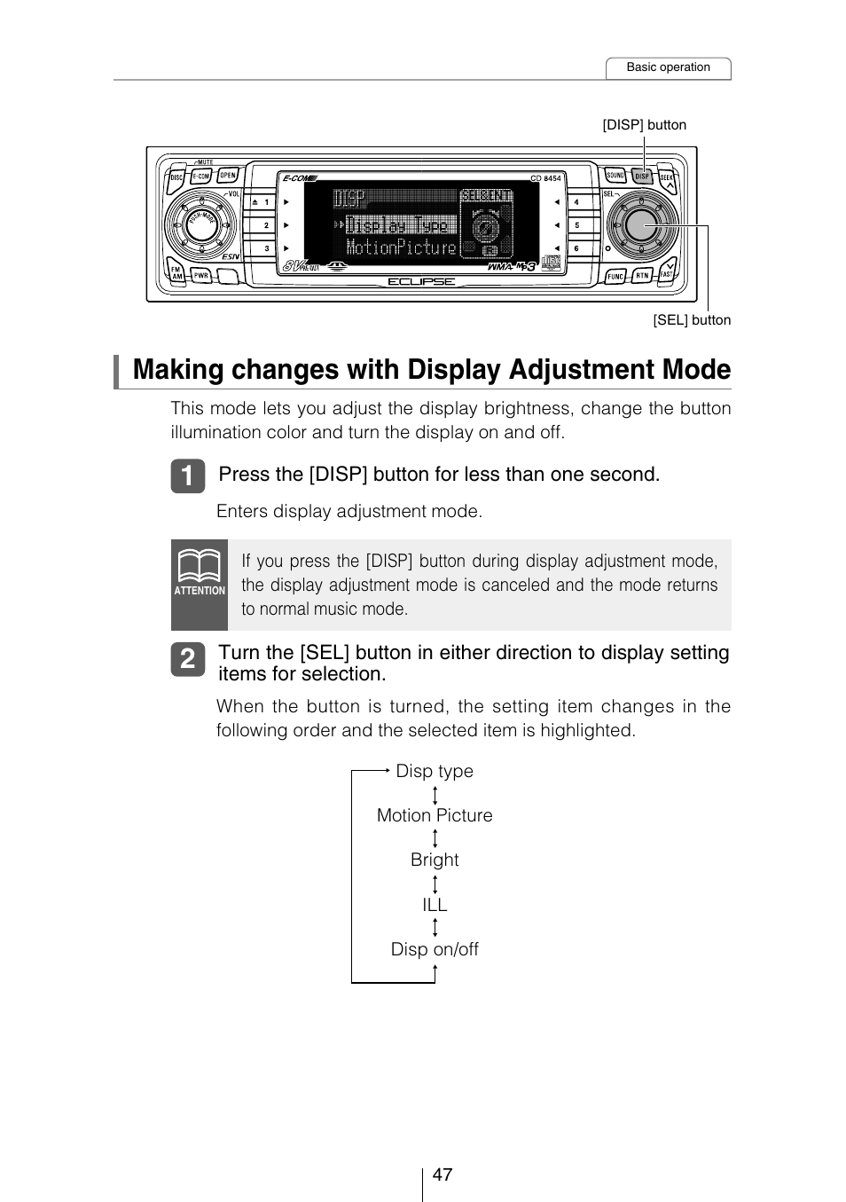 Making changes with display adjustment mode | Eclipse - Fujitsu Ten CD8454 User Manual | Page 47 / 180