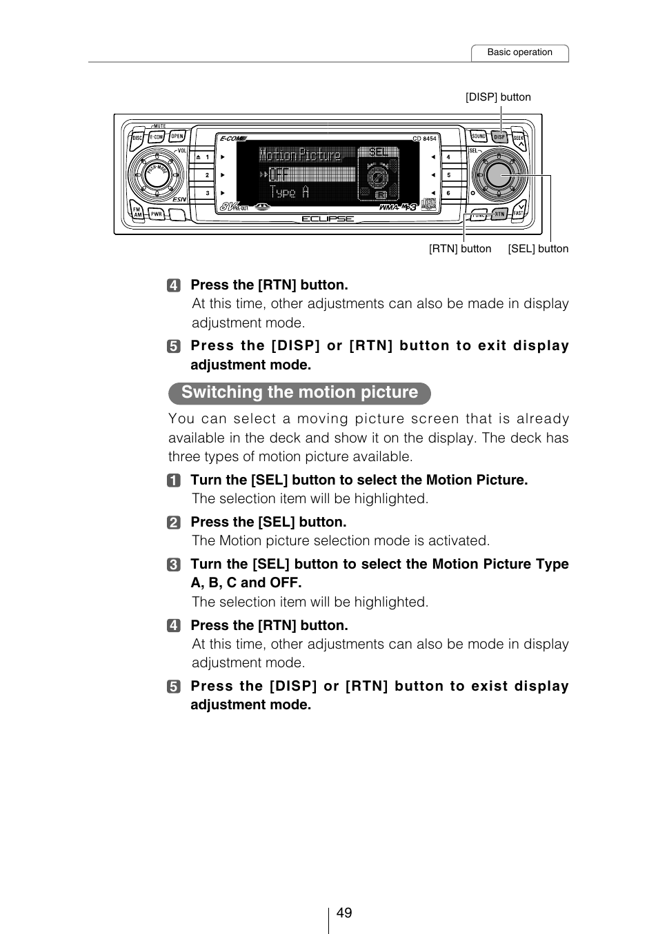 Switching the motion picture | Eclipse - Fujitsu Ten CD8454 User Manual | Page 49 / 180