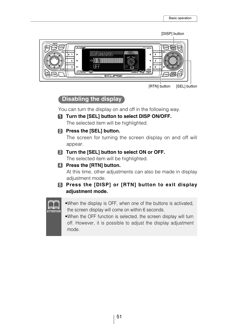 Disabling the display | Eclipse - Fujitsu Ten CD8454 User Manual | Page 51 / 180