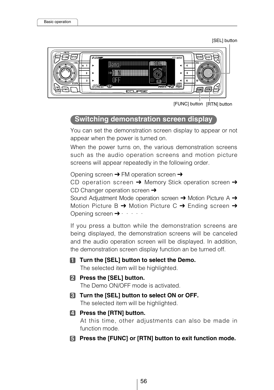 Switching demonstration screen display | Eclipse - Fujitsu Ten CD8454 User Manual | Page 56 / 180