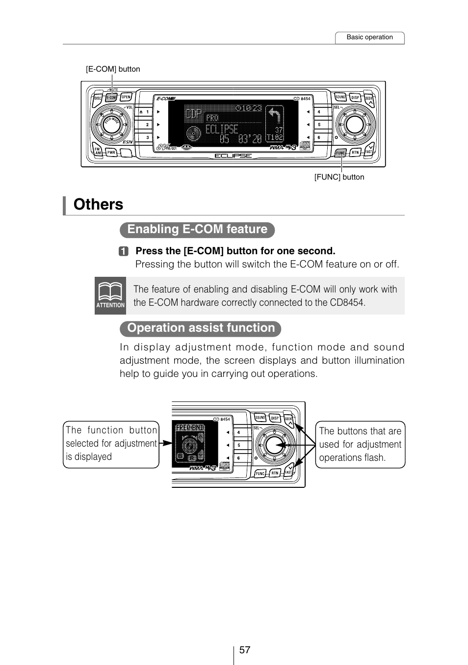 Others, Enabling e-com feature, Operation assist function | Eclipse - Fujitsu Ten CD8454 User Manual | Page 57 / 180