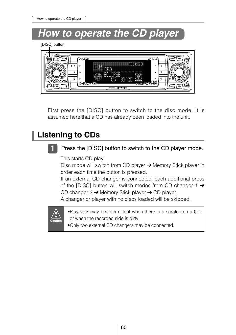 How to operate the cd player, Listening to cds | Eclipse - Fujitsu Ten CD8454 User Manual | Page 60 / 180