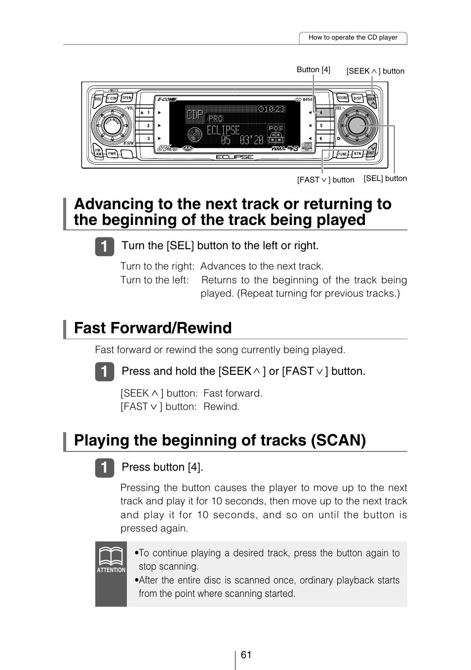 Playing the beginning of tracks (scan), Fast forward/rewind | Eclipse - Fujitsu Ten CD8454 User Manual | Page 61 / 180