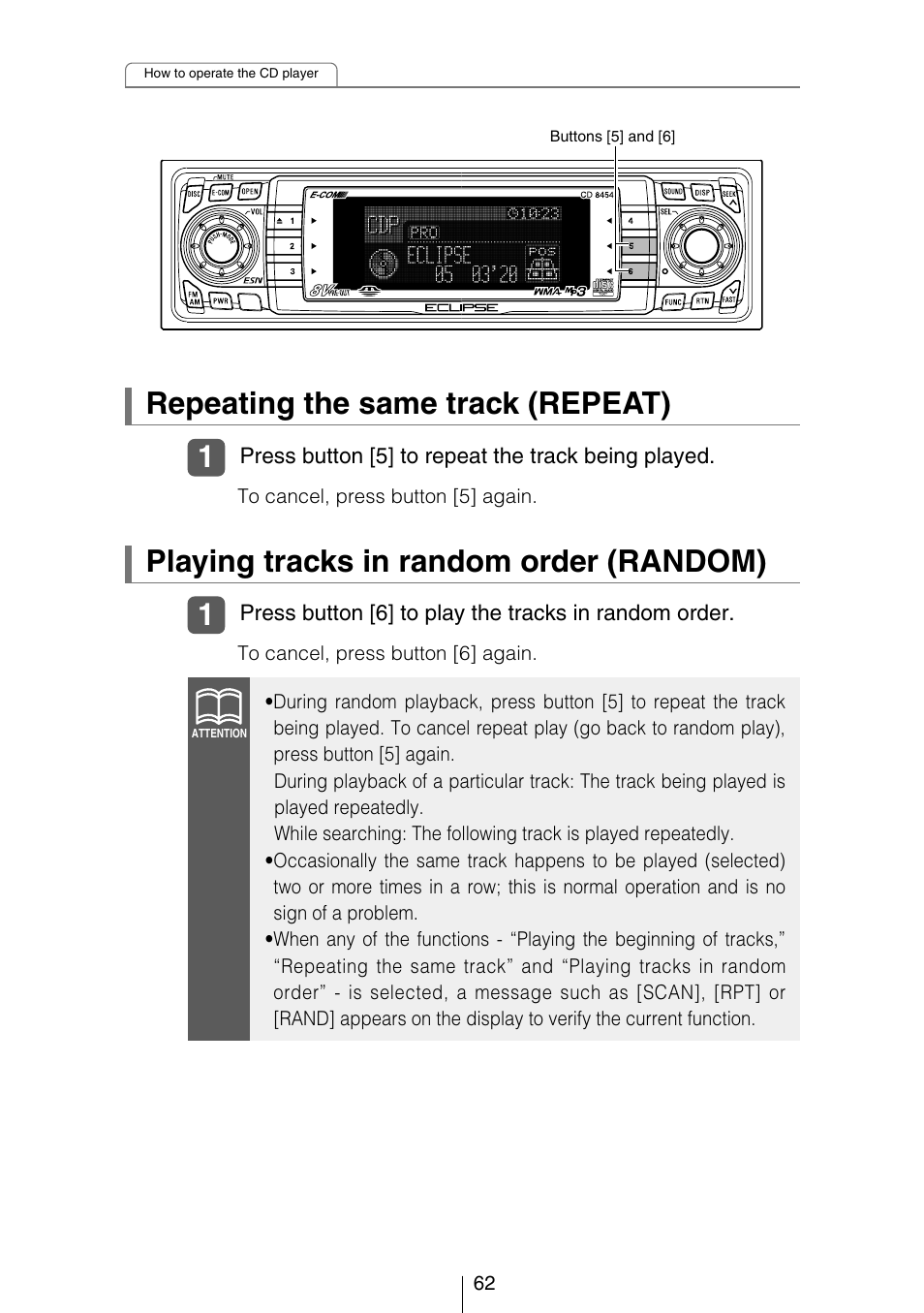 Repeating the same track (repeat), Playing tracks in random order (random) | Eclipse - Fujitsu Ten CD8454 User Manual | Page 62 / 180
