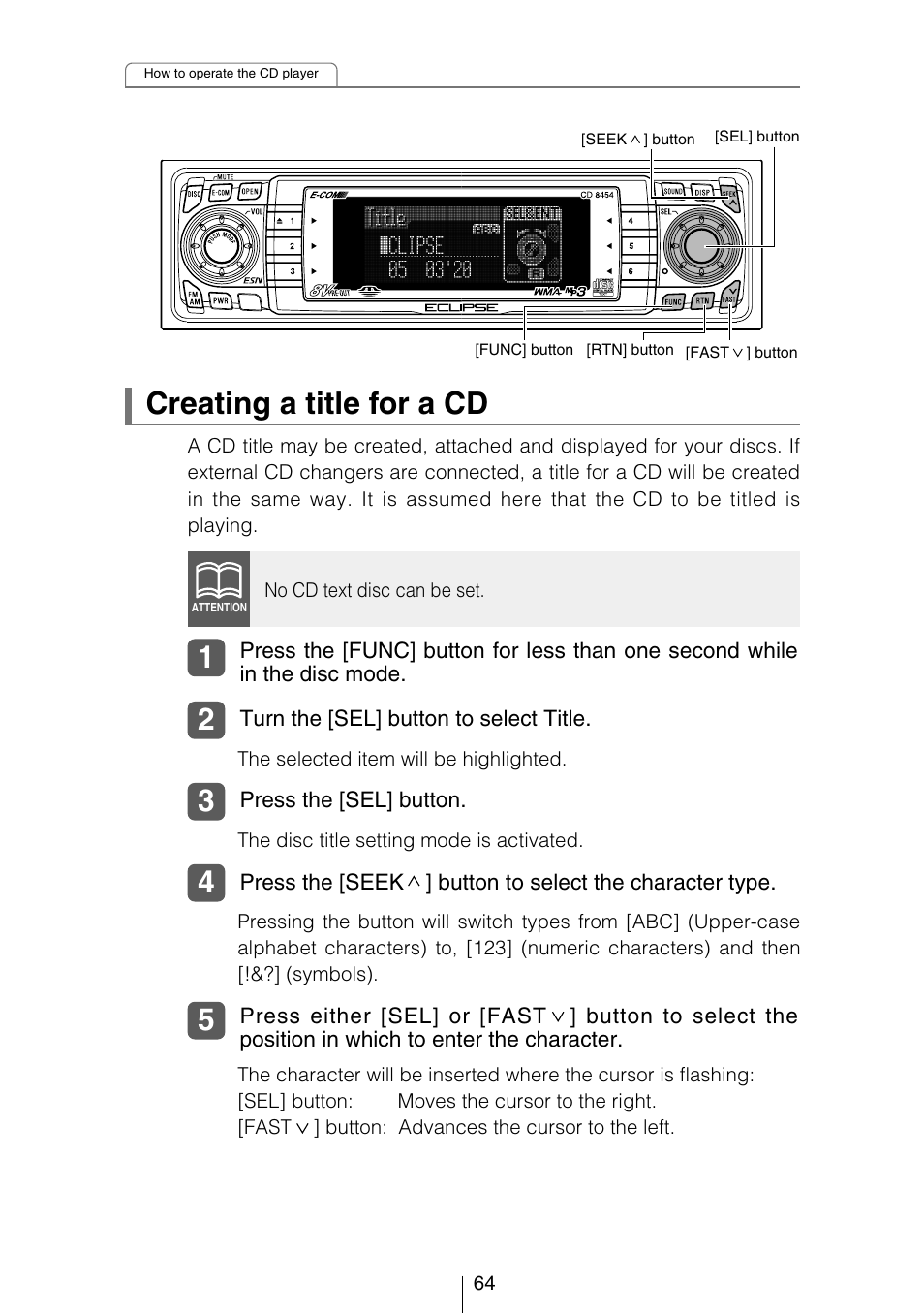 Creating a title for a cd | Eclipse - Fujitsu Ten CD8454 User Manual | Page 64 / 180