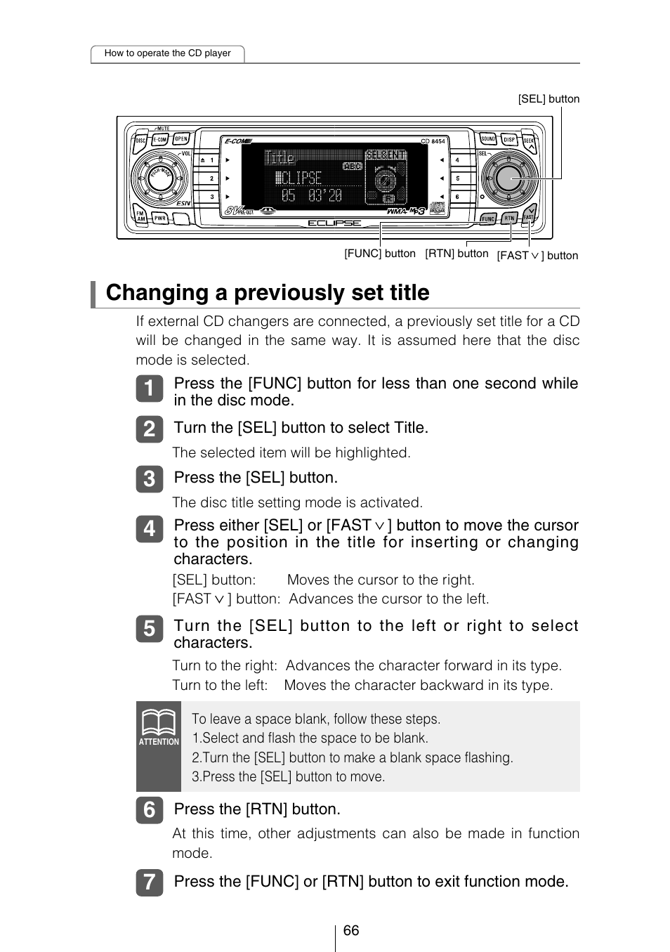 Changing a previously set title | Eclipse - Fujitsu Ten CD8454 User Manual | Page 66 / 180