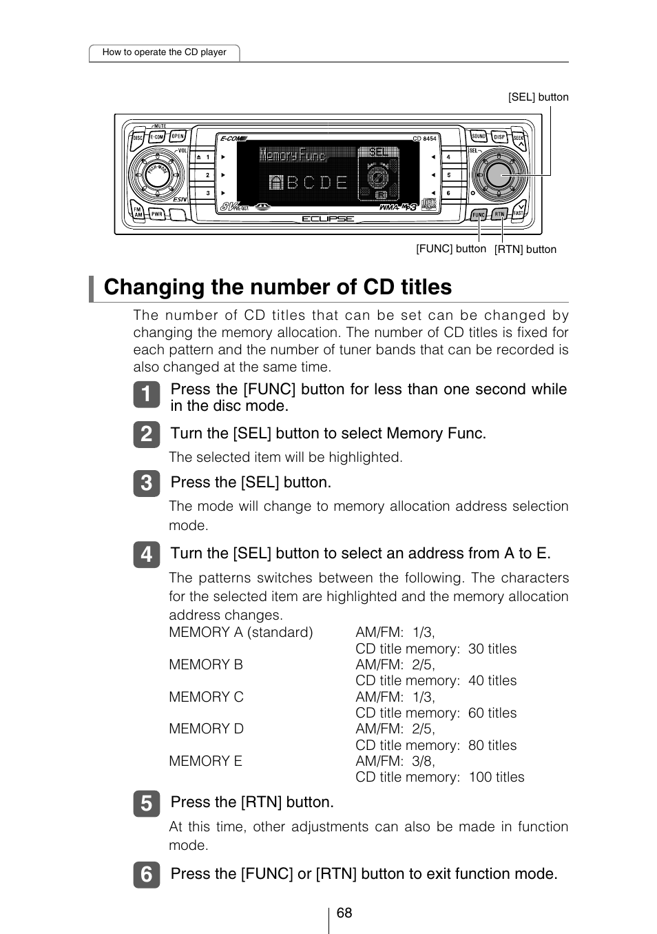 Changing the number of cd titles | Eclipse - Fujitsu Ten CD8454 User Manual | Page 68 / 180