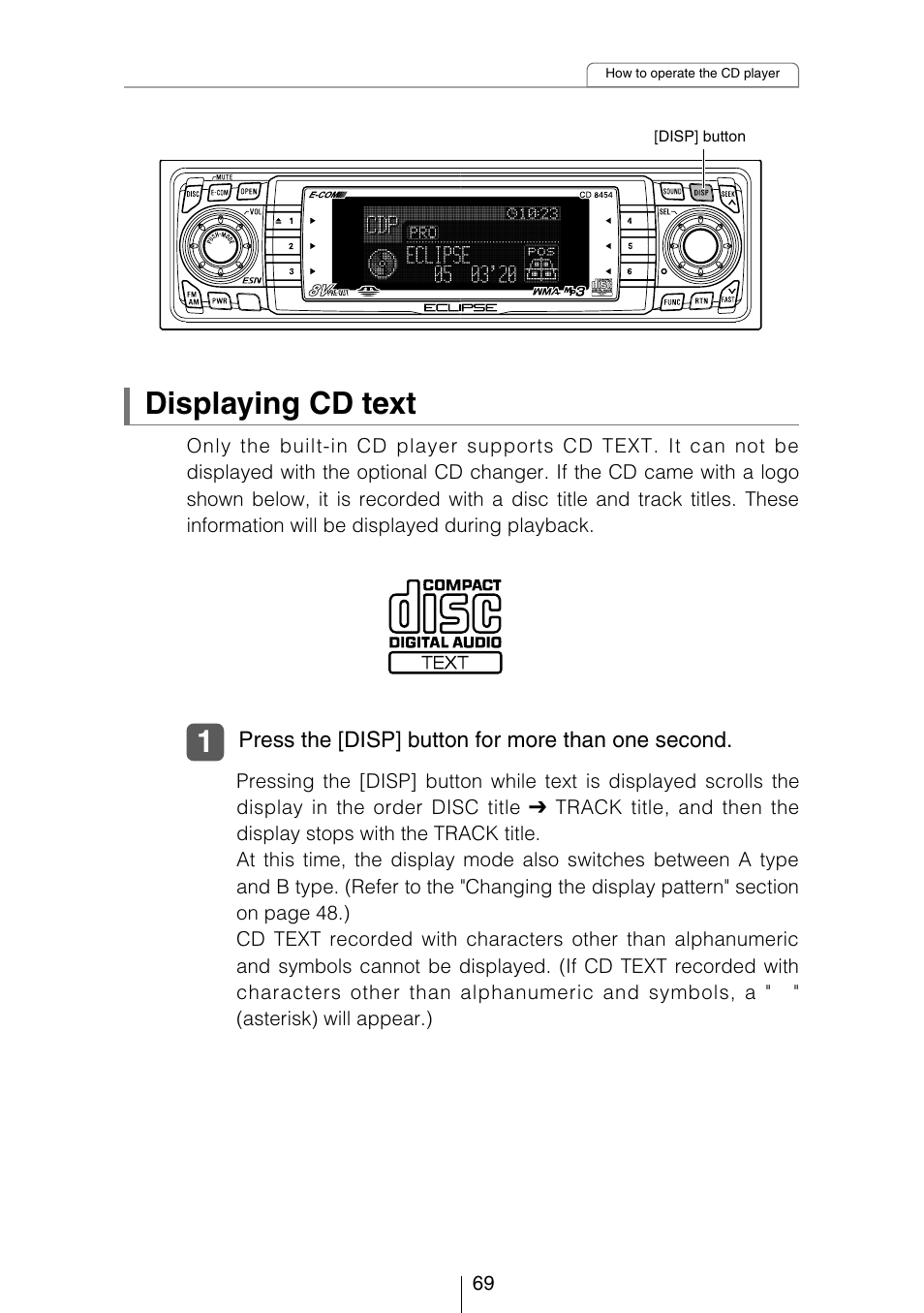 Displaying cd text | Eclipse - Fujitsu Ten CD8454 User Manual | Page 69 / 180