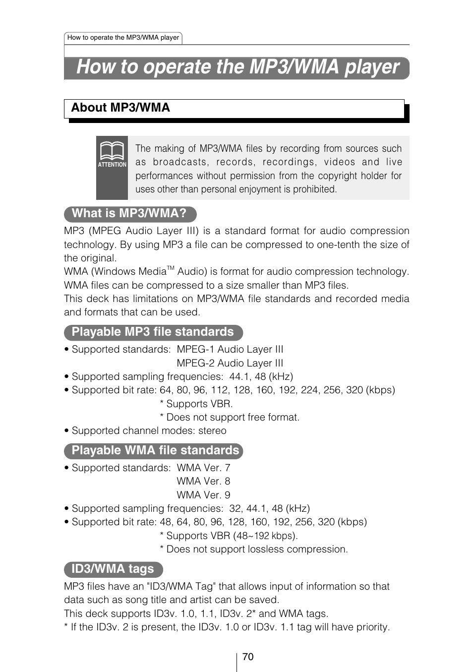 How to operate the mp3/wma player, About mp3/wma, Playable wma file standards | Eclipse - Fujitsu Ten CD8454 User Manual | Page 70 / 180