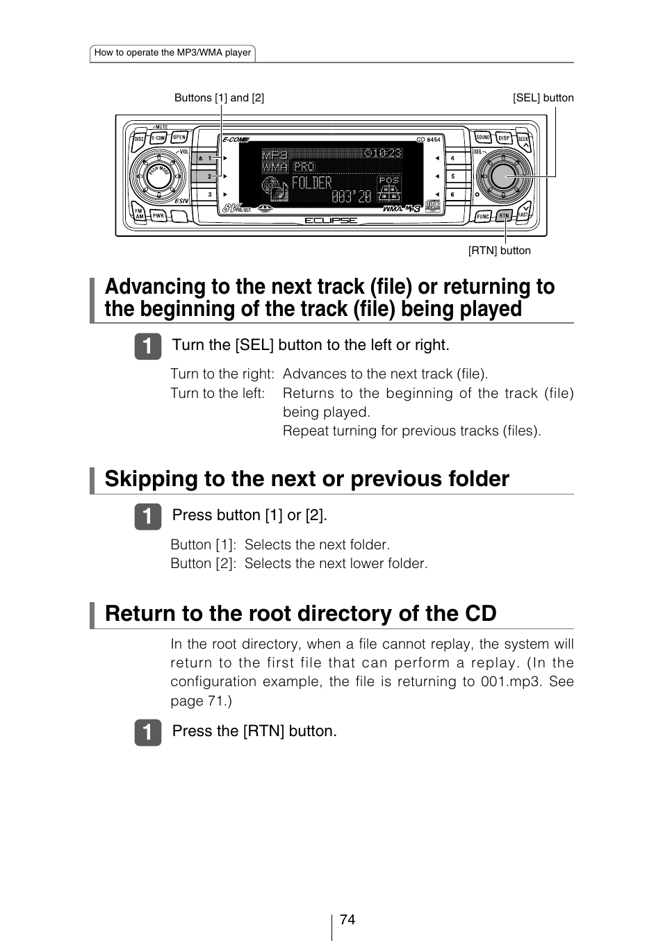 Skipping to the next or previous folder, Return to the root directory of the cd | Eclipse - Fujitsu Ten CD8454 User Manual | Page 74 / 180