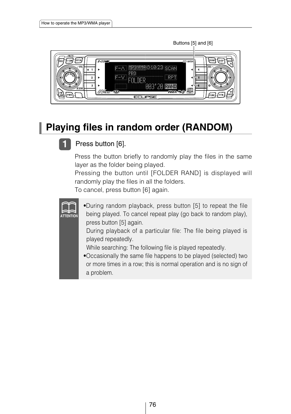 Playing files in random order (random) | Eclipse - Fujitsu Ten CD8454 User Manual | Page 76 / 180