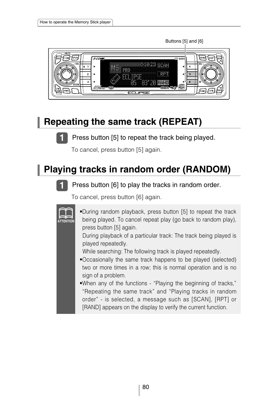 Repeating the same track (repeat), Playing tracks in random order (random) | Eclipse - Fujitsu Ten CD8454 User Manual | Page 80 / 180