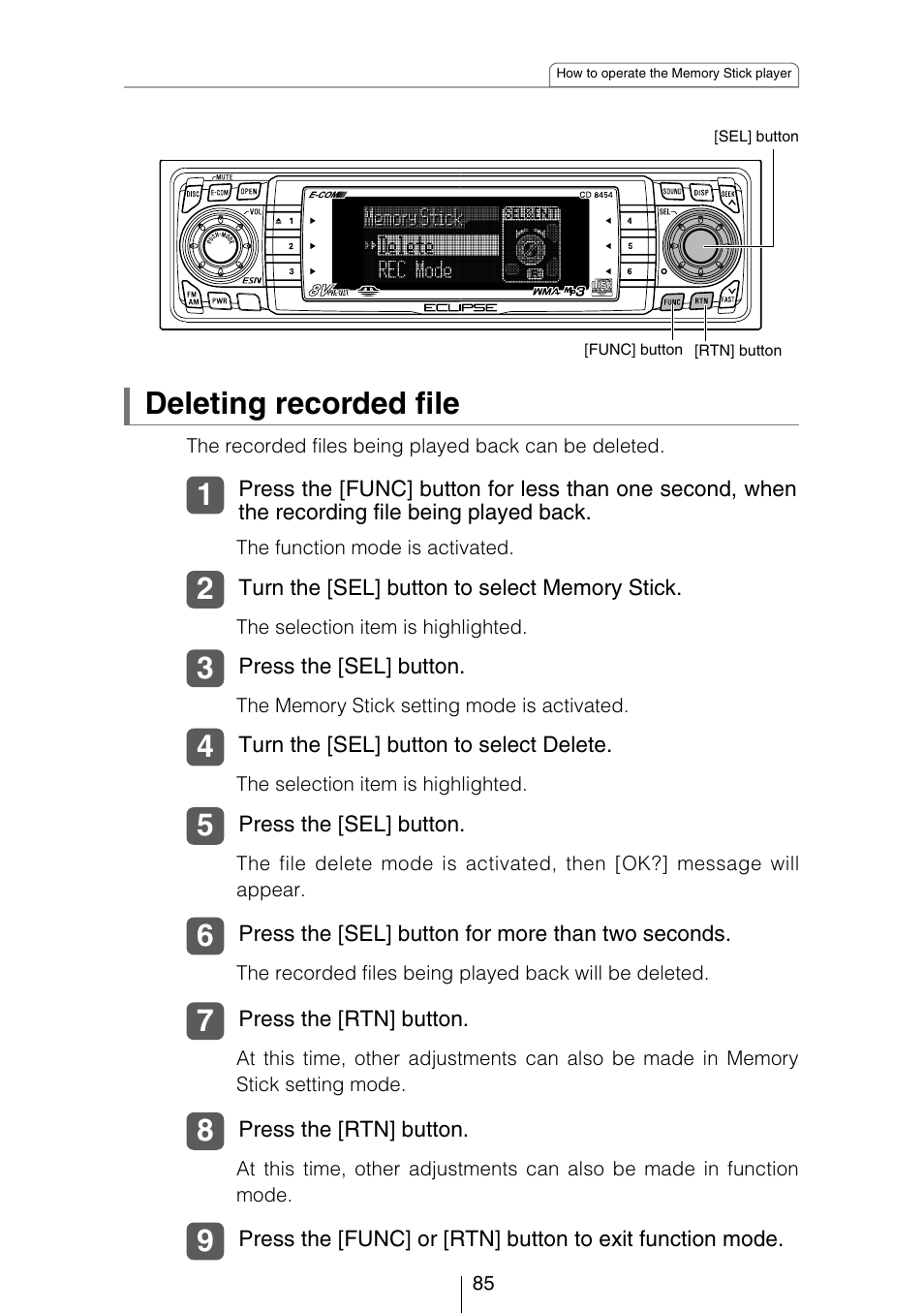 Deleting recorded file | Eclipse - Fujitsu Ten CD8454 User Manual | Page 85 / 180