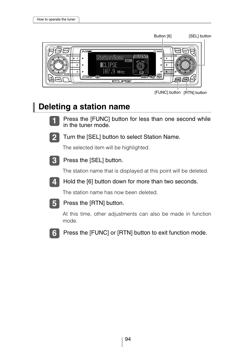 Deleting a station name | Eclipse - Fujitsu Ten CD8454 User Manual | Page 94 / 180