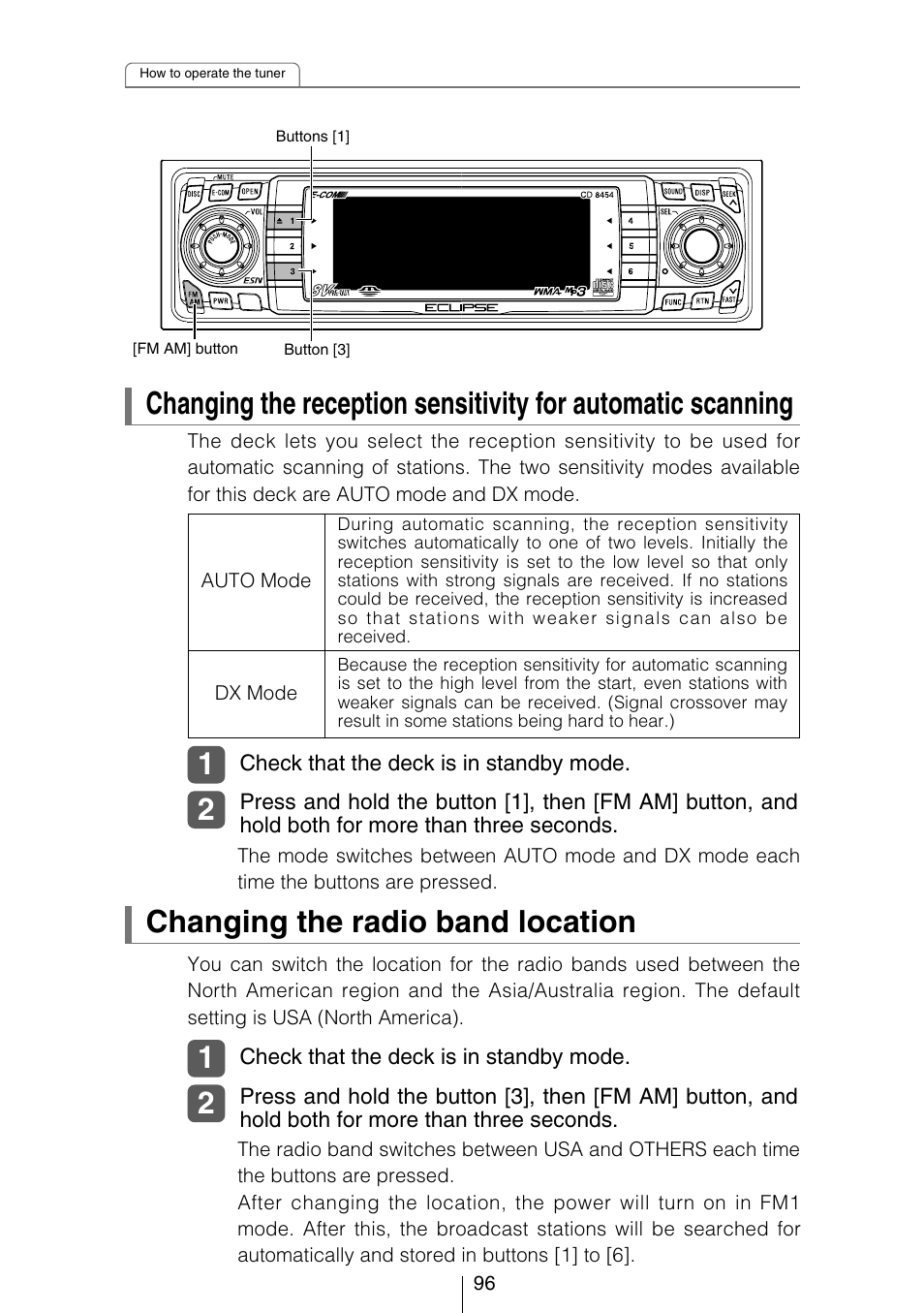 Changing the radio band location | Eclipse - Fujitsu Ten CD8454 User Manual | Page 96 / 180