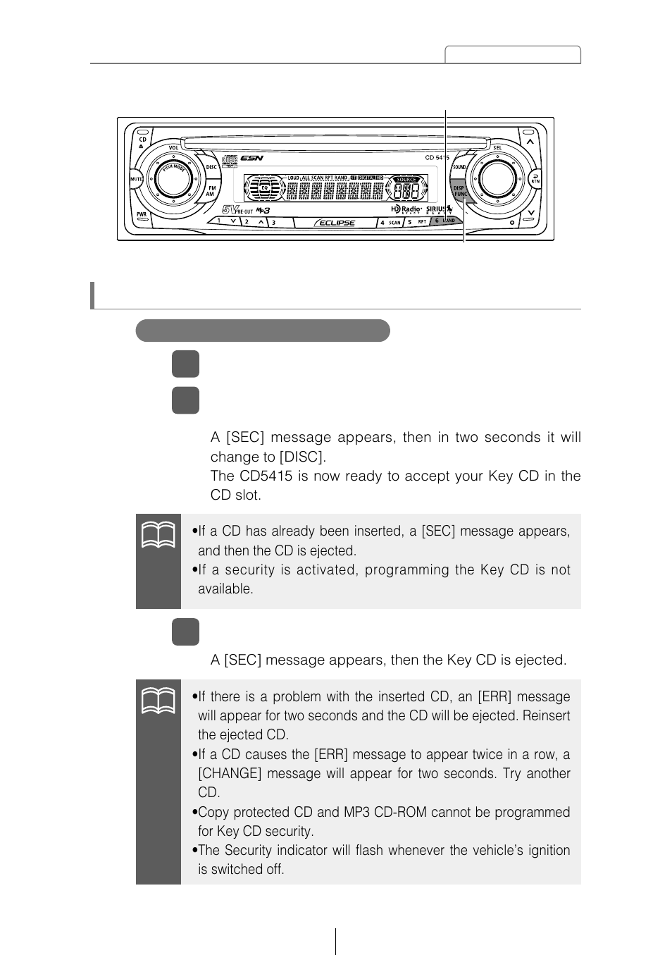 How to operate the esn (key cd) security, How to program the key cd | Eclipse - Fujitsu Ten CD5415 User Manual | Page 17 / 95