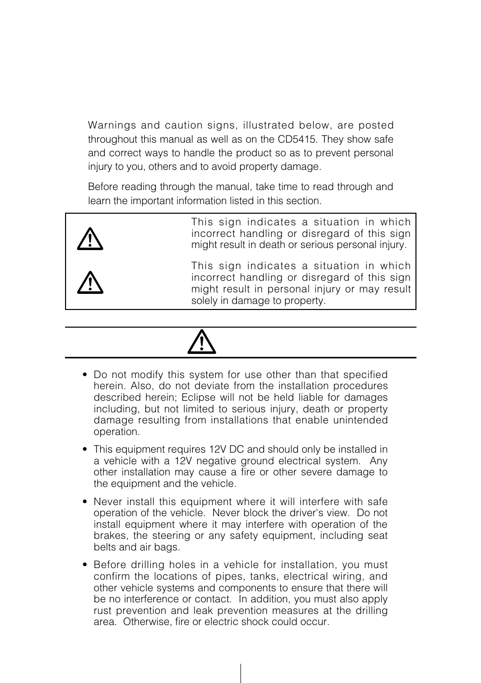 For your safety in using the cd5415, Warning, Caution warning | Eclipse - Fujitsu Ten CD5415 User Manual | Page 2 / 95