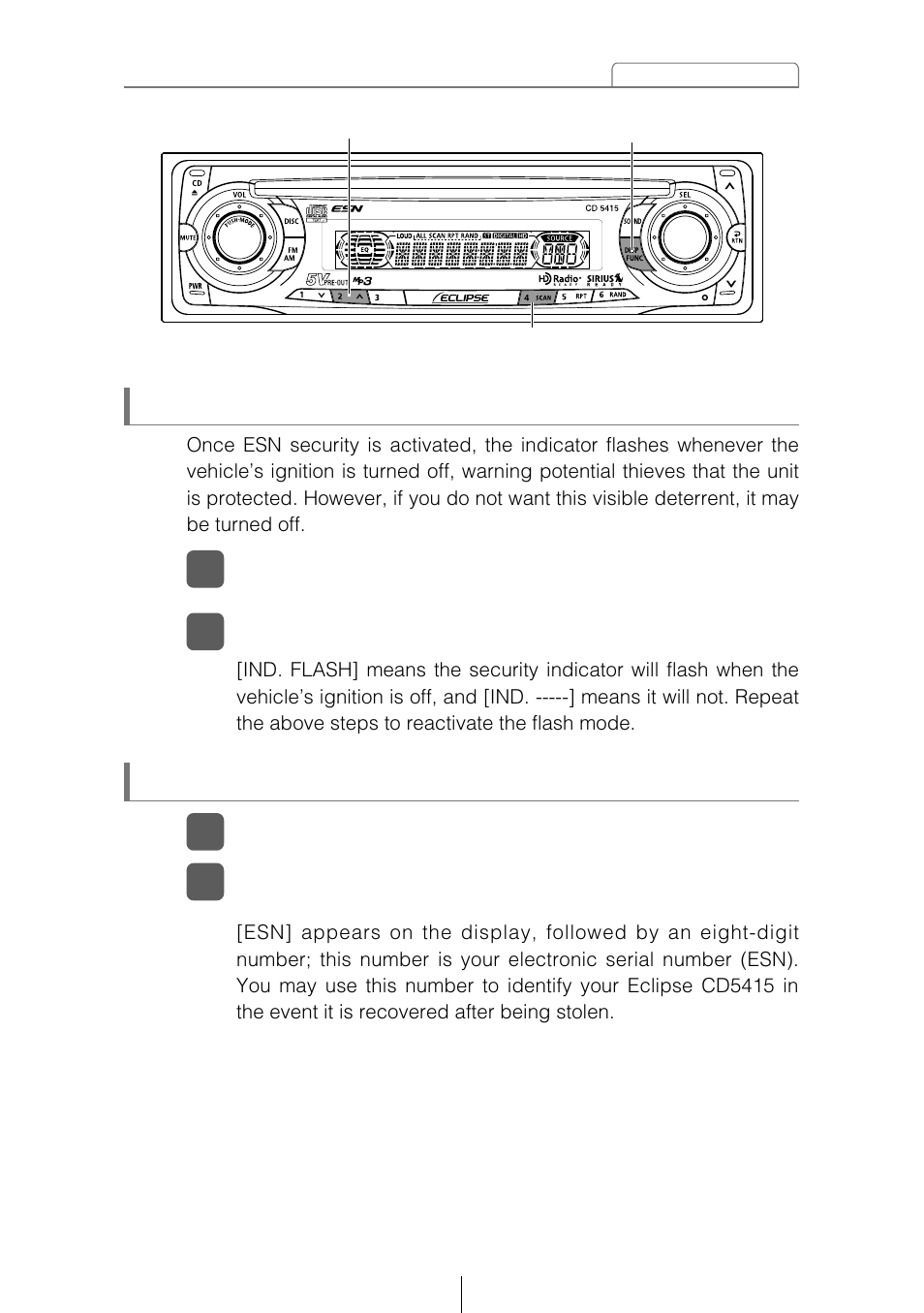 How to turn the security indicator on/off, How to read the electronic serial number | Eclipse - Fujitsu Ten CD5415 User Manual | Page 21 / 95