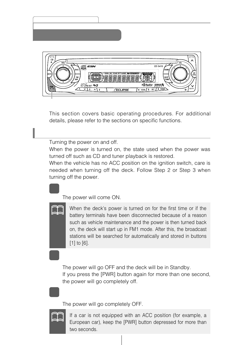 Basic operation, Turning the power on and off | Eclipse - Fujitsu Ten CD5415 User Manual | Page 22 / 95