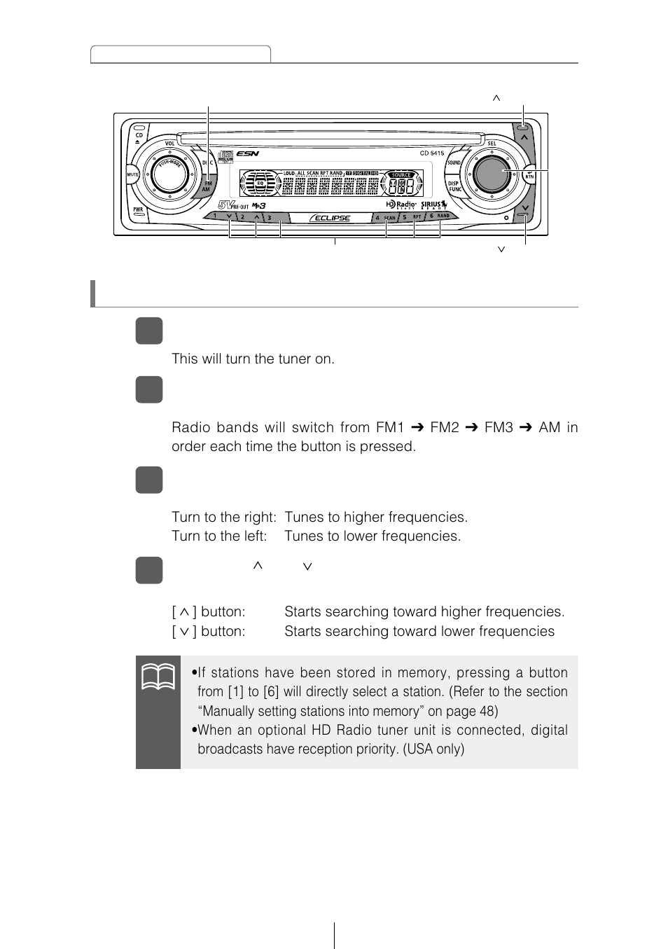 Listening to the tuner | Eclipse - Fujitsu Ten CD5415 User Manual | Page 24 / 95