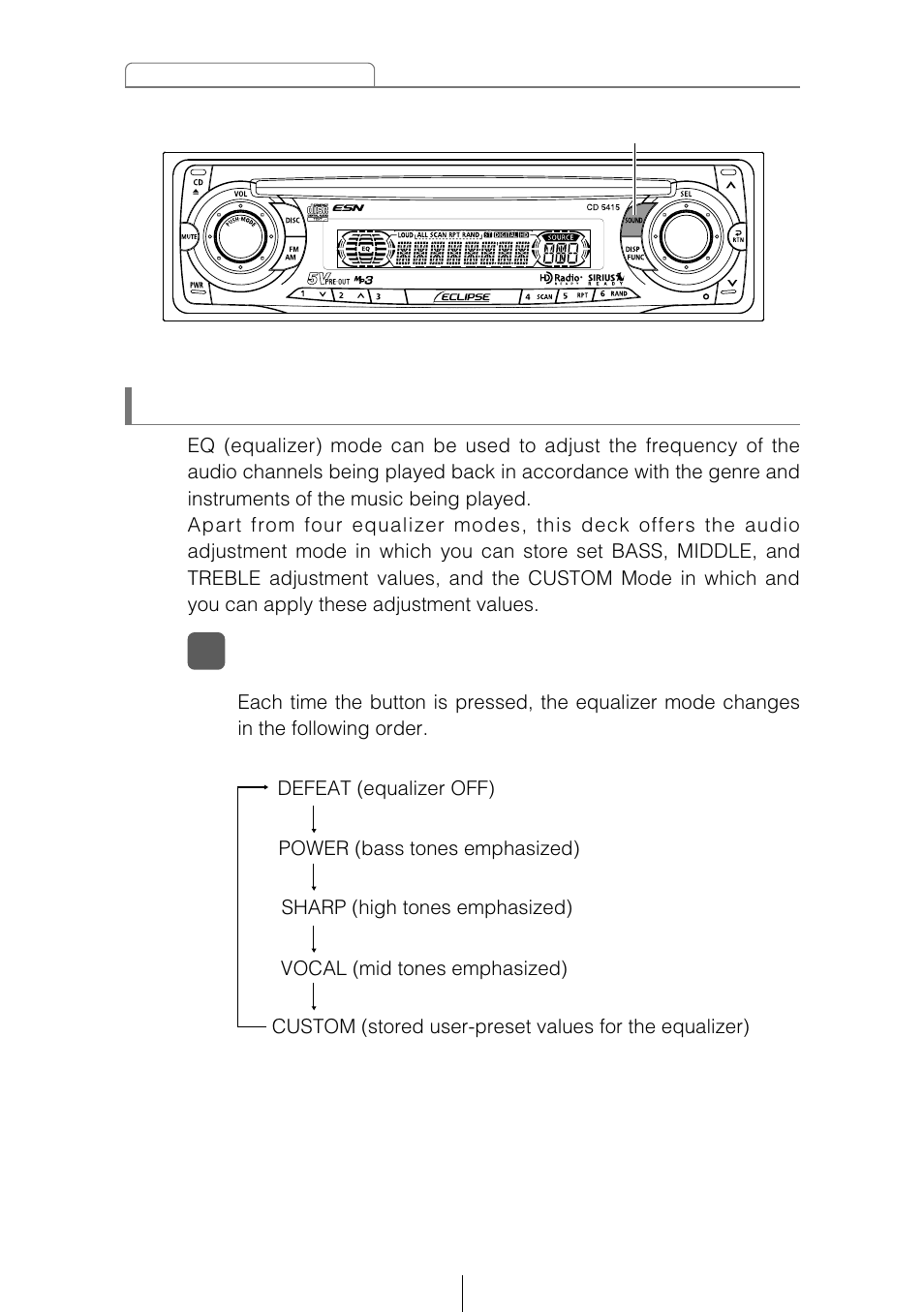 Changing the equalizer mode | Eclipse - Fujitsu Ten CD5415 User Manual | Page 30 / 95