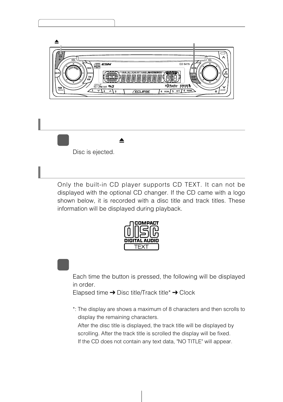 Ejecting the disc, Displaying cd text | Eclipse - Fujitsu Ten CD5415 User Manual | Page 36 / 95