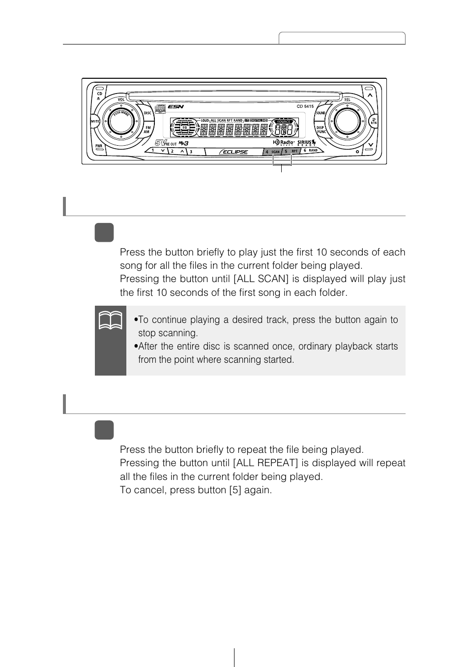 Playing the beginning of files (scan), Repeating the same file (repeat) | Eclipse - Fujitsu Ten CD5415 User Manual | Page 43 / 95