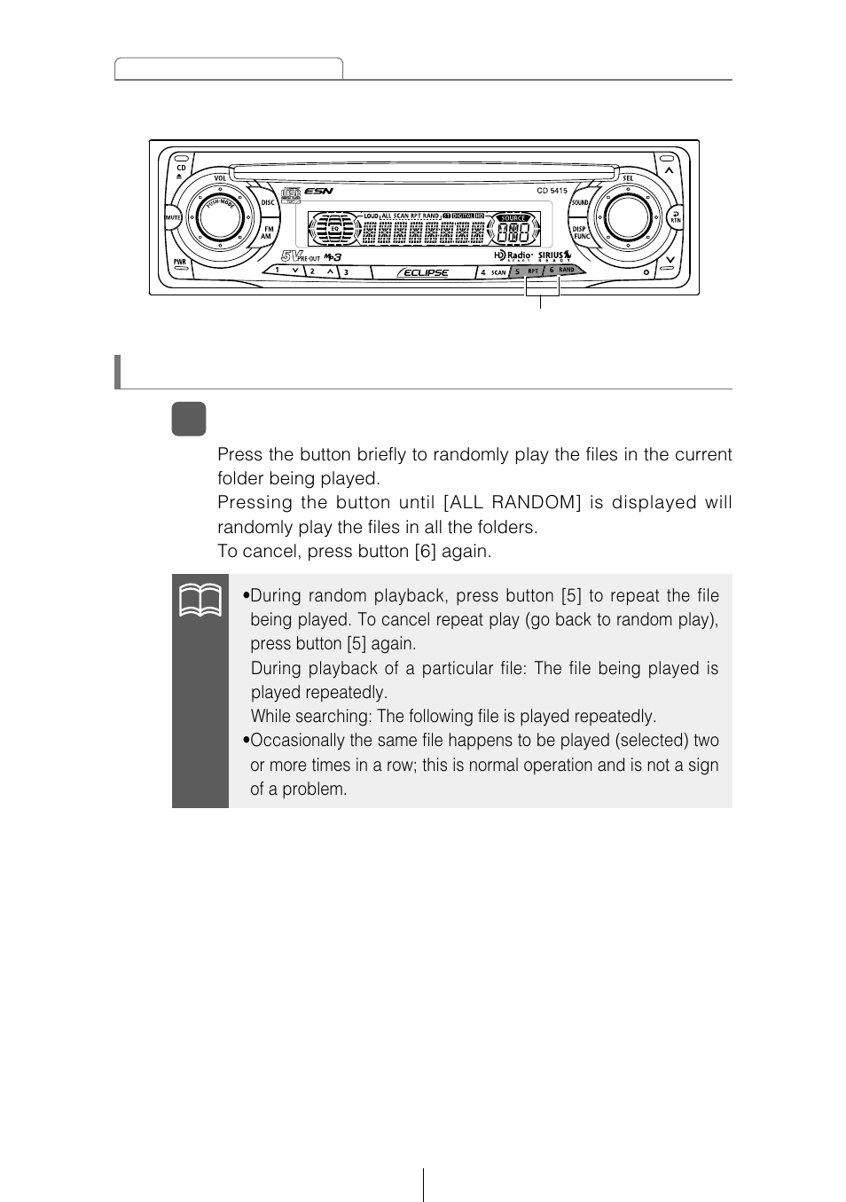 Playing files in random order (random) | Eclipse - Fujitsu Ten CD5415 User Manual | Page 44 / 95