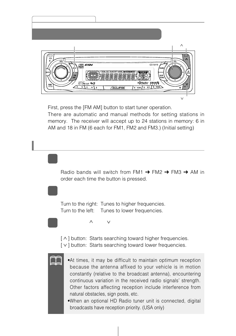 How to operate the tuner, Tuning to a station | Eclipse - Fujitsu Ten CD5415 User Manual | Page 46 / 95