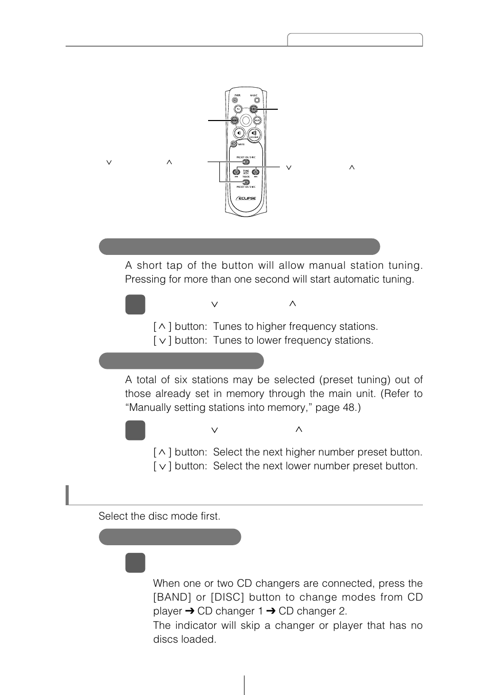 How to play cds, Selecting a station (manually or automatically), Selecting preset stations switching disc mode | Eclipse - Fujitsu Ten CD5415 User Manual | Page 57 / 95