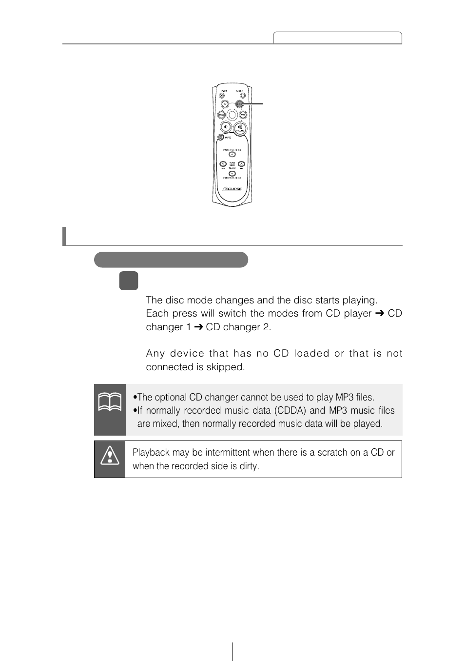 Listening to mp3 file, Switching the disc mode | Eclipse - Fujitsu Ten CD5415 User Manual | Page 59 / 95