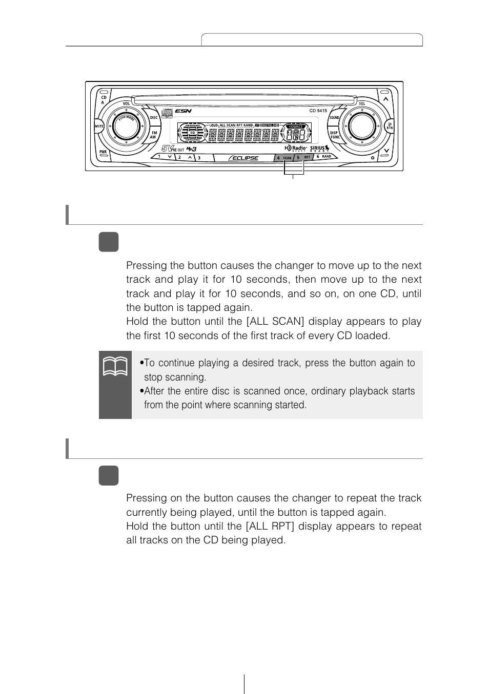 Playing the beginning of tracks (scan), 1repeating the same track (repeat) | Eclipse - Fujitsu Ten CD5415 User Manual | Page 63 / 95